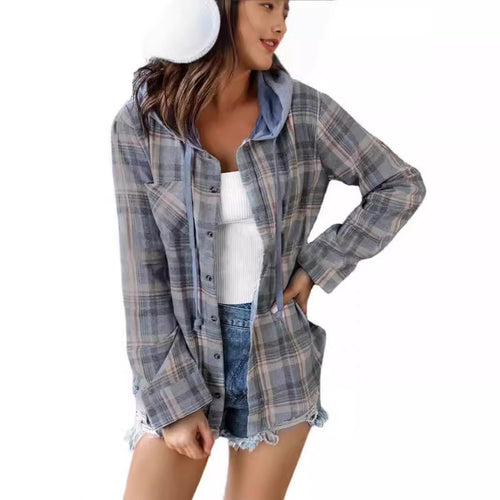 Damen nostalgische Karobluse mit Kapuze und Knopfverschluss EB