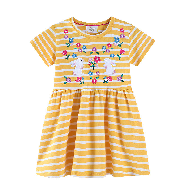 Mädchen Freizeitkleid mit gestreiftem Design und niedlichen Hasenapplikationen EB