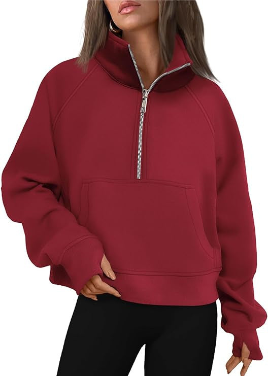 Damen nan cropped Halbzip-Sweatshirt mit hohem Stehkragen, Kängurutasche und überschnittener Schulter EB