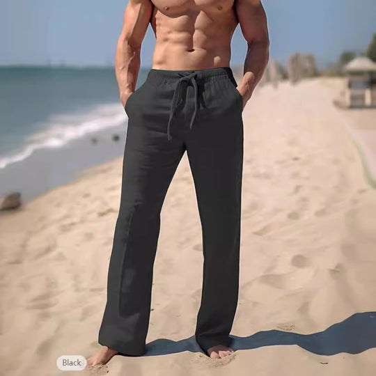 Herren nan weite Resort-Freizeithose im Palazzo-Stil aus Leinenmix mit Tunnelzug und seitlichen Eingrifftaschen Eichborn Berlin
