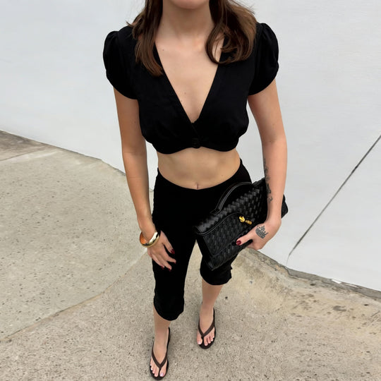 Damen Crop-Top mit tiefem V-Ausschnitt und Puffärmeln EB