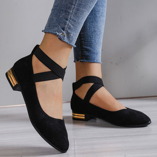 Damen Elegante Ballerinas mit modischem elastischen Riemen und goldfarbenem Detail EB