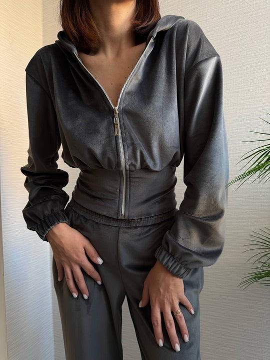 Damen Taillierte Cropped-Kapuzenjacke mit figurformendem Schlauchbund EB