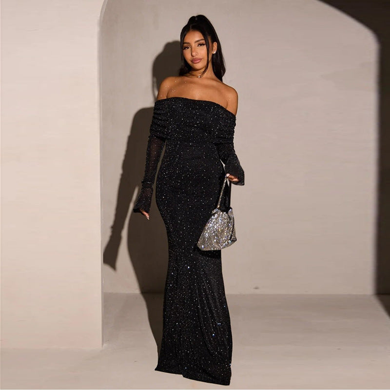 Damen Elegantes schulterfreies Maxikleid mit glitzernden Akzenten EB