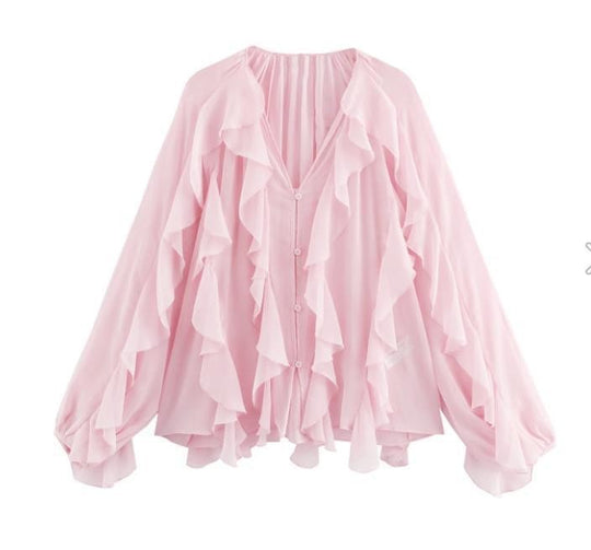 Damen Rüschenbluse mit weitem Schnitt und ballonartigen Ärmeln EB