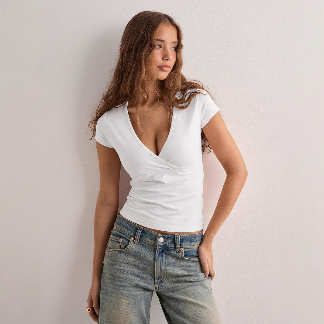 Damen figurbetontes T-Shirt mit elegantem V-Ausschnitt EB