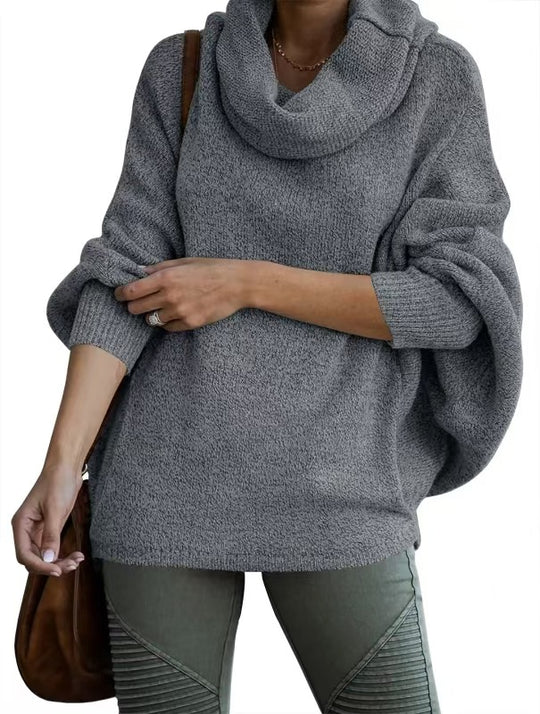 Damen lässiger Strickpullover mit weichem Stehkragen und weit geschnittenen Ärmeln EB