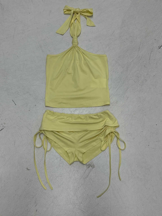 Damen hochwertiges Badeanzug-Set mit verstellbarem Haltertop und Rüschenhosen EB