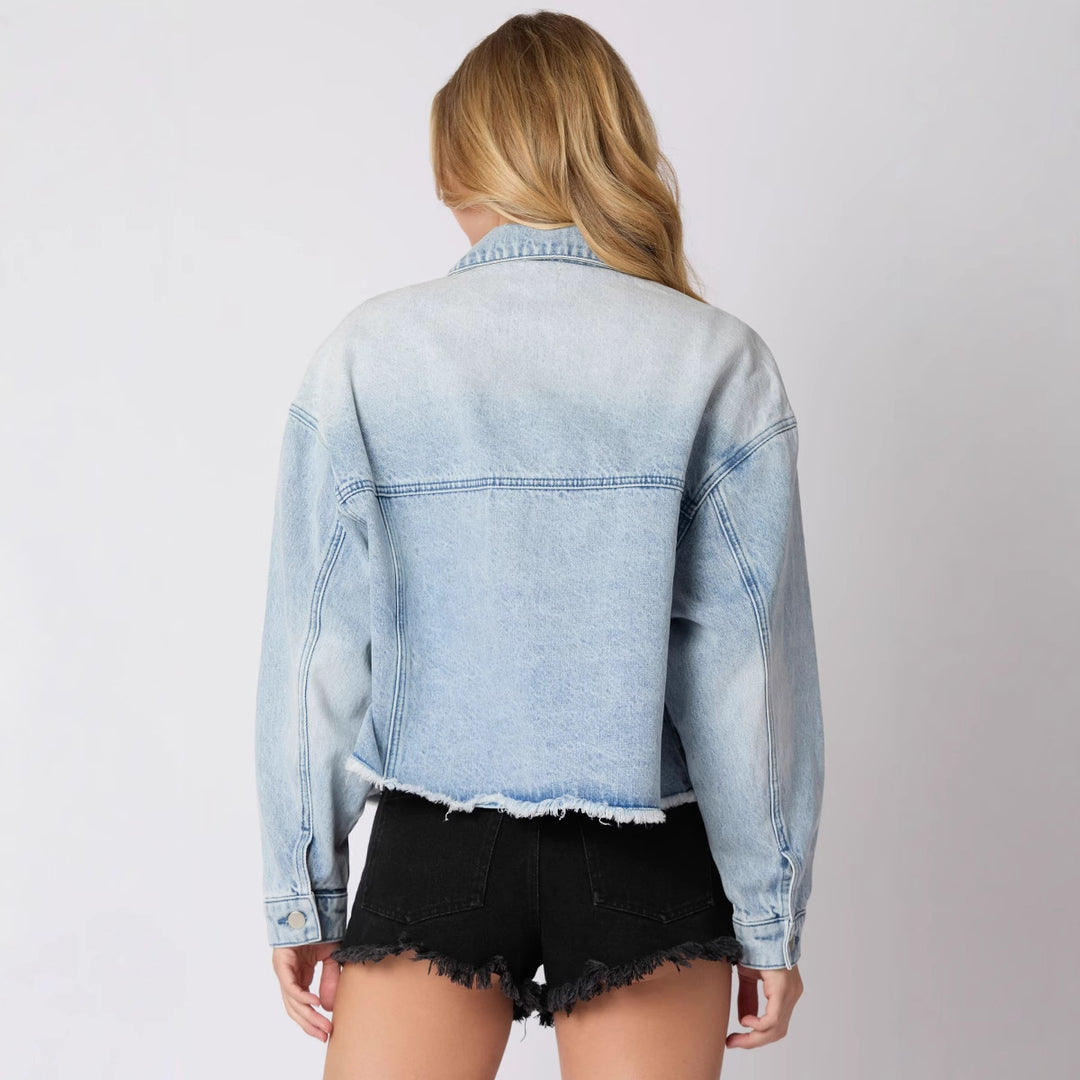 Damen Jeansjacke mit buntem Rugby-Print und lässigem Schnitt EB