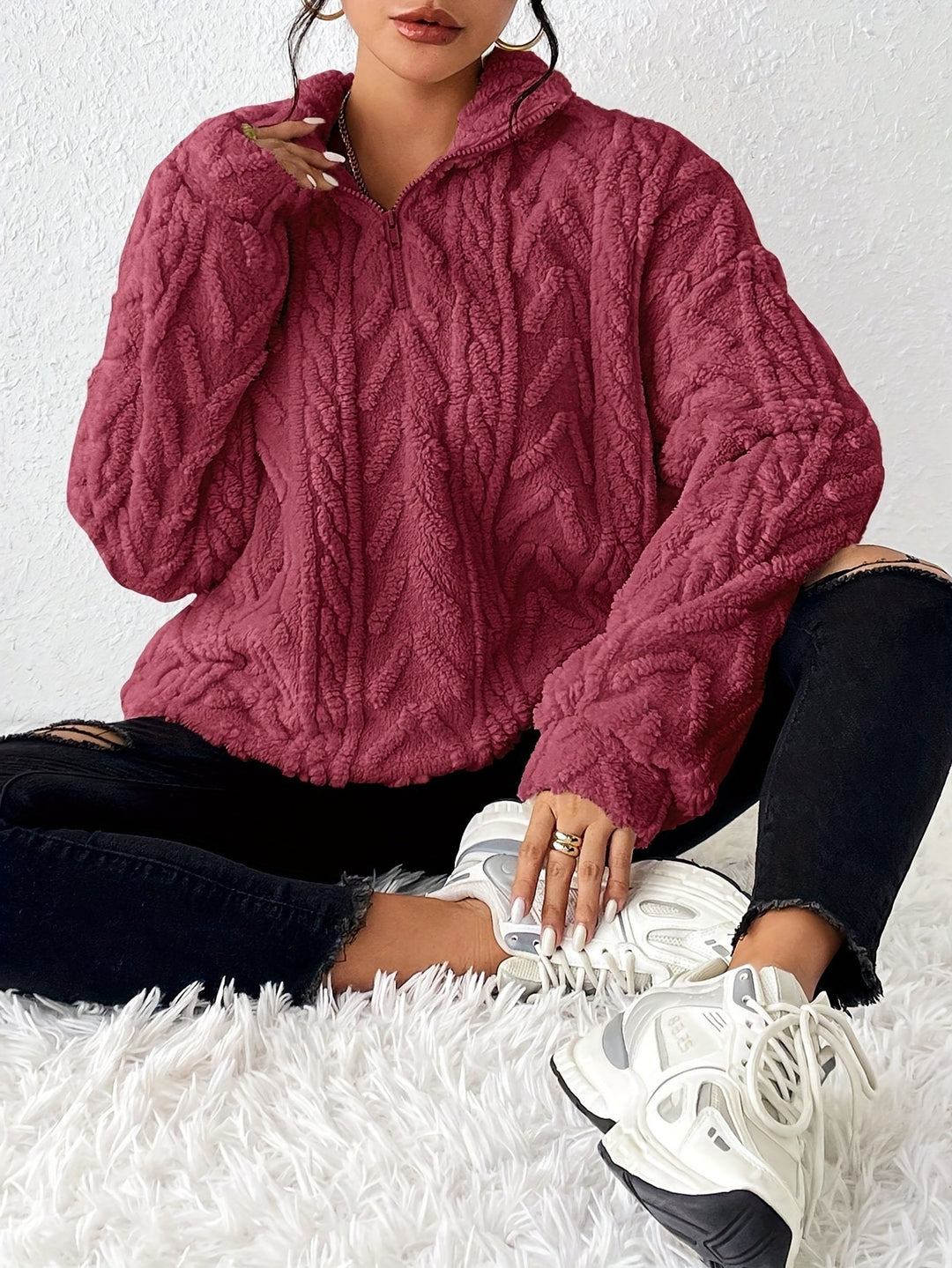 Damen Fleece Pullover mit hohem Kragen und strukturiertem Design EB