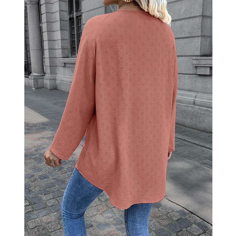 Damen lässiges Langarm-Oberteil mit Knoten und Knopfdetails EB