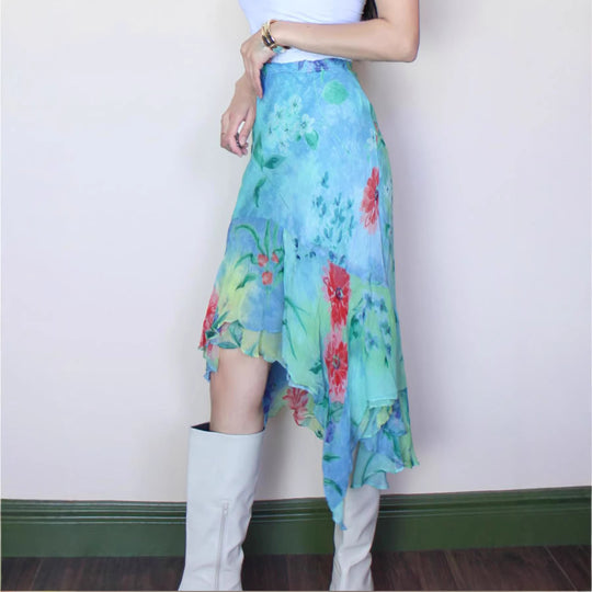 Damen asymmetrischer Rüschenrock aus floralem Chiffon EB