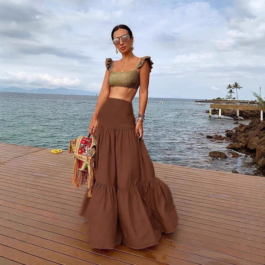 Damen Crop-Top und Rock Set mit Rüschen und floralem Muster EB