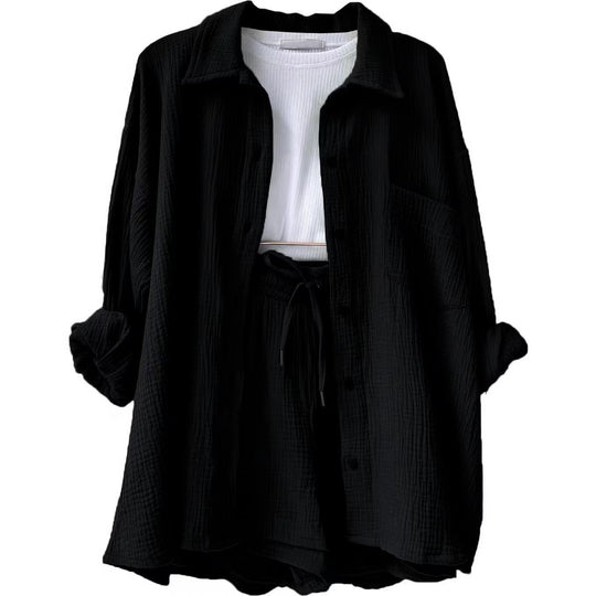 Damen lässiges Oversize-Hemd mit kurzem Schnitt und praktischen Taschen EB