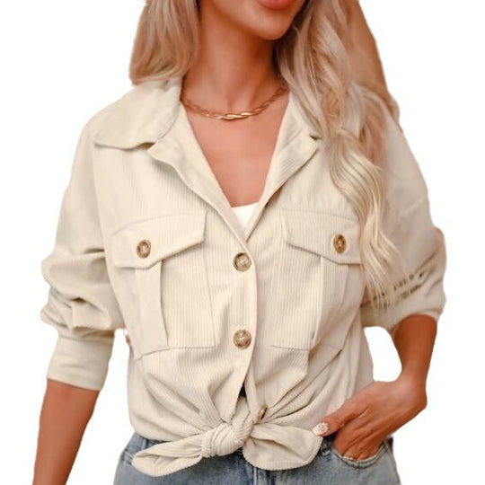 Damen lässige Kordjacke mit praktischen Taschen und Knopfdetails EB