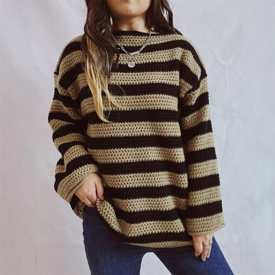 Damen lässiger Strickpullover mit kontrastierenden Streifen und weitem Schnitt EB