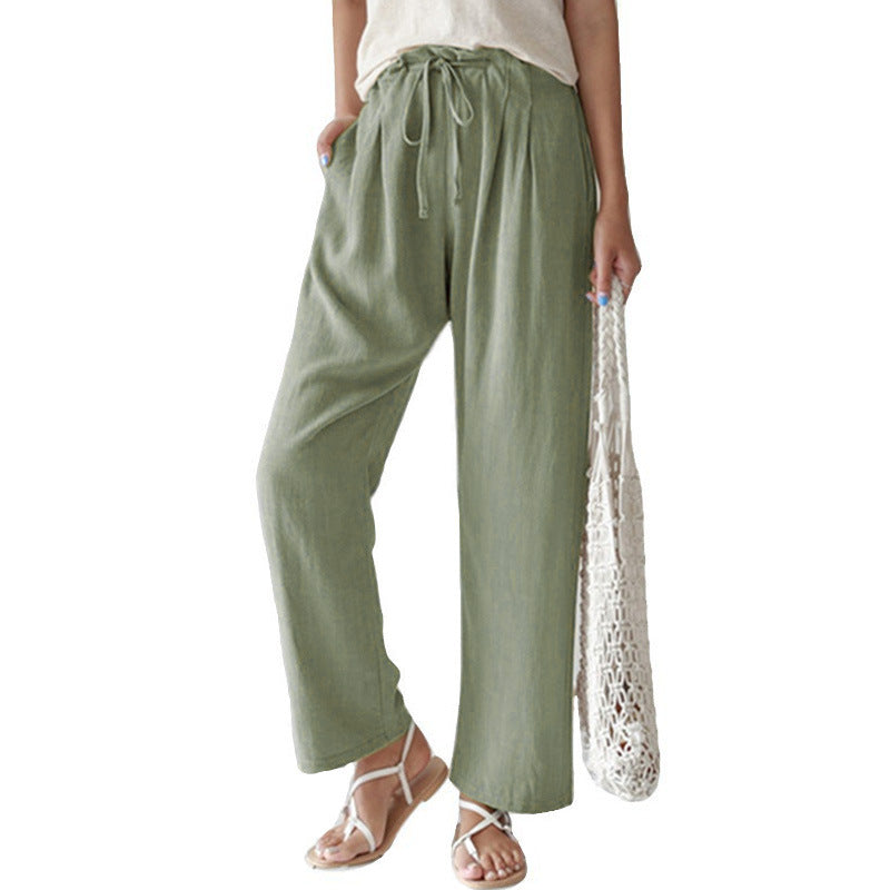 Damen nan lässige Leinenhose mit weitem Bein, elastischem Bund und Seitentaschen EB