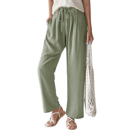 Damen nan lässige Leinenhose mit weitem Bein, elastischem Bund und Seitentaschen EB