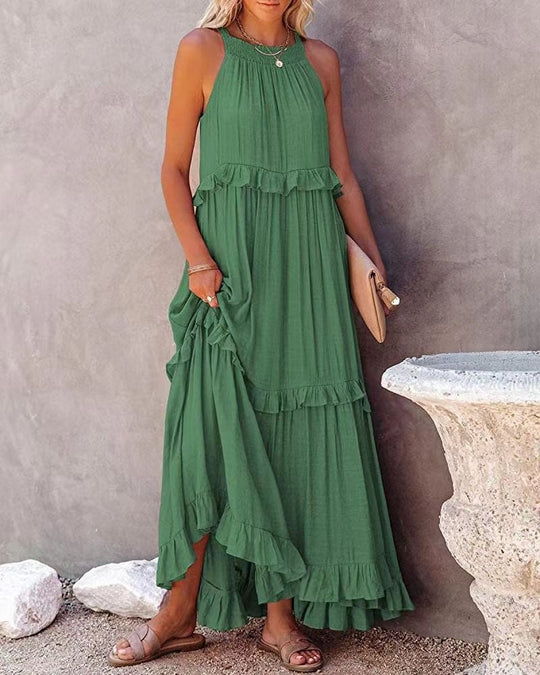 Damen Langärmeliges Maxikleid mit Rüschen und gerafftem Ausschnitt EB