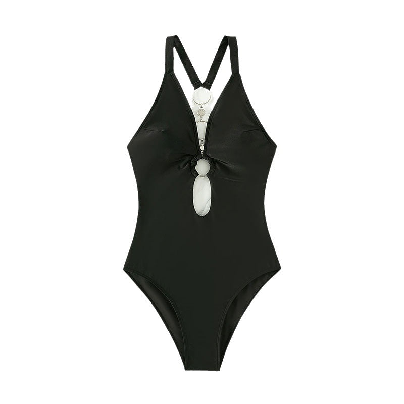 Damen Einteiler Badeanzug mit aufregendem V-Ausschnitt und modischem Cut-Out EB
