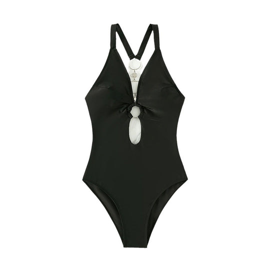 Damen Einteiler Badeanzug mit aufregendem V-Ausschnitt und modischem Cut-Out EB