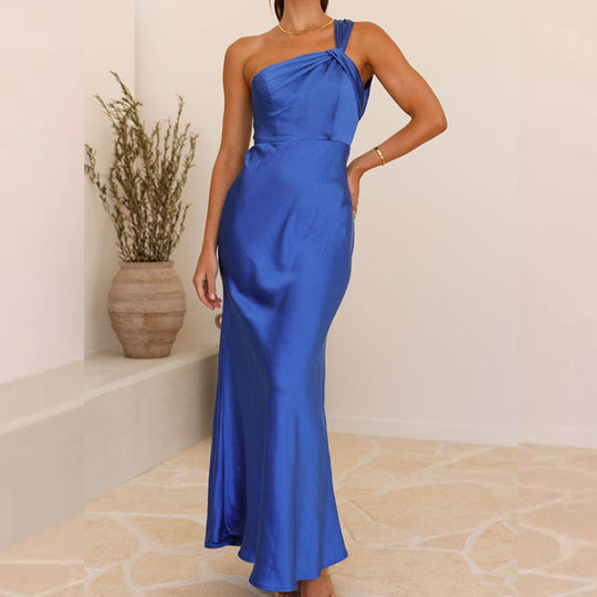 Damen Maxikleid mit asymmetrischem Träger und elegantem Satin-Finish EB