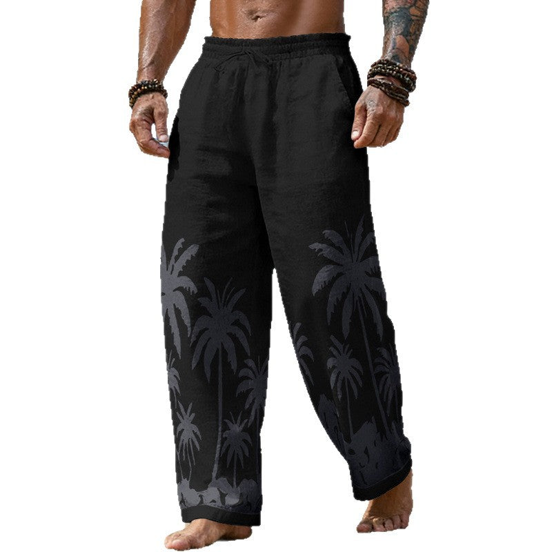 Herren Lässige weite Leinenhose mit elastischem Bund und tonalem Palmenprint EB