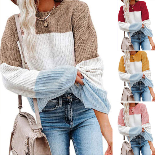 Damen modischer Strickpullover mit farbigem Blockdesign und weitem Schnitt EB