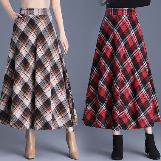 Damen nan weiter karierter Tellerrock aus Wollmix mit hoher Taille und Eingrifftaschen EB