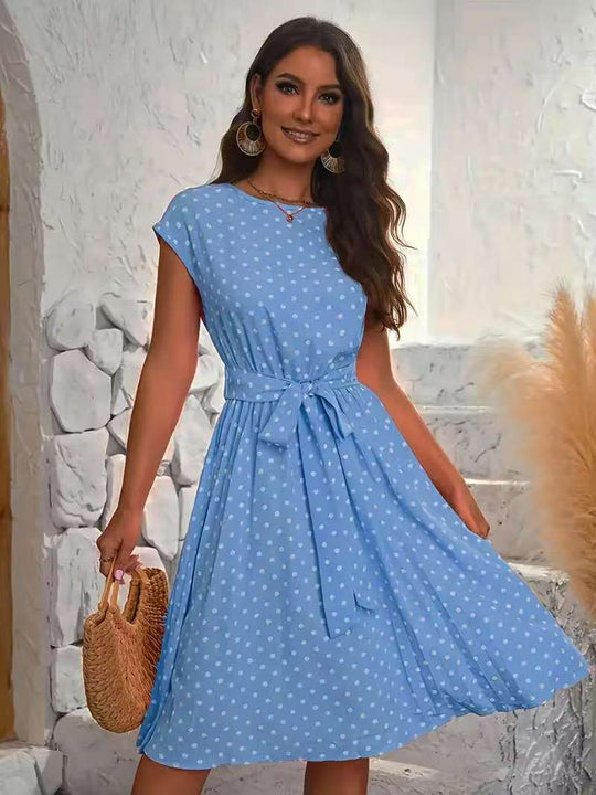 Damen Midikleid mit taillierendem Bindegürtel und verspieltem Polka-Dots Design EB