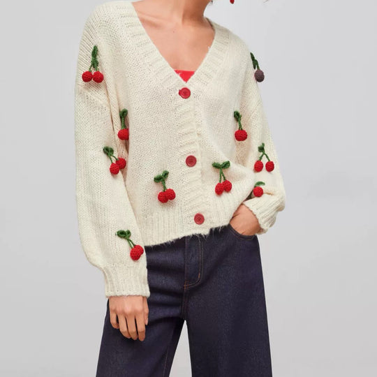 Damen verspielter Strickcardigan mit Kirschapplikationen EB