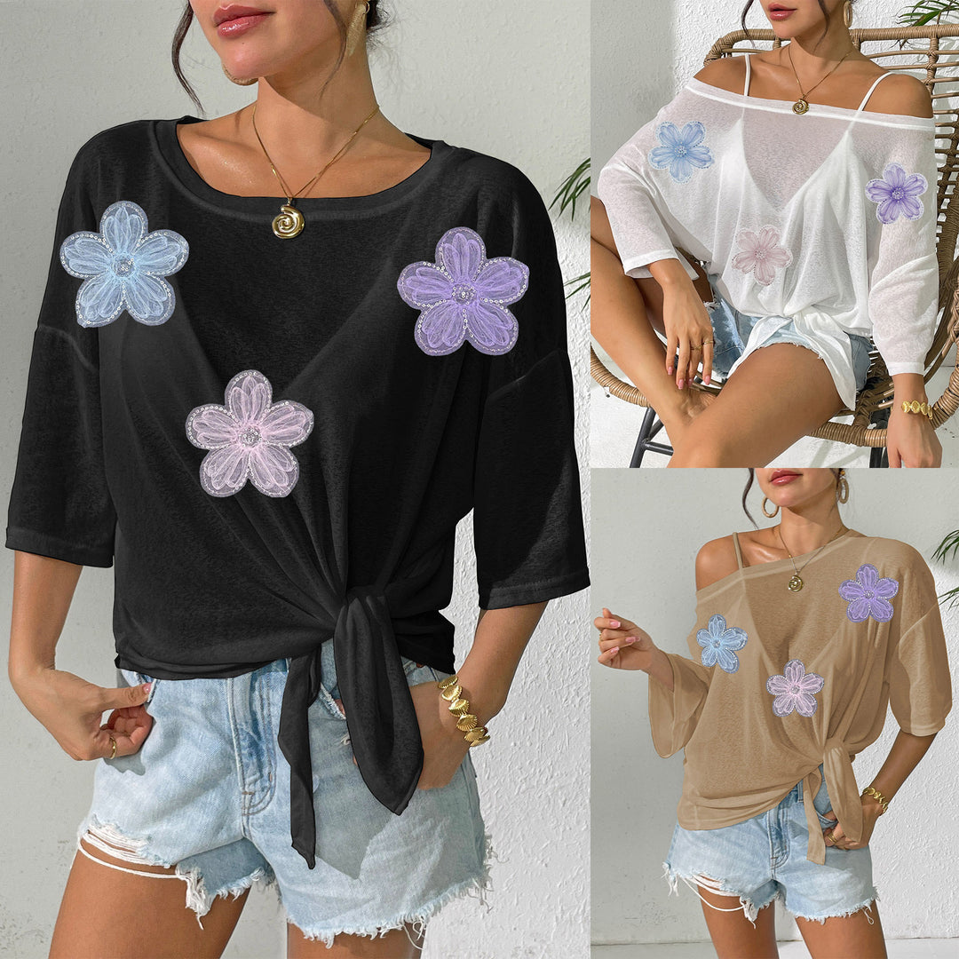Damen lässiges Oberteil mit floralem Design und seitlichem Knoten EB