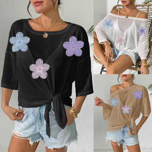 Damen lässiges Oberteil mit floralem Design und seitlichem Knoten EB