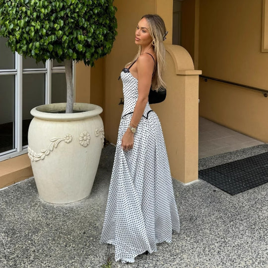 Damen Maxikleid mit gepunktetem Design und Spitzendetails EB