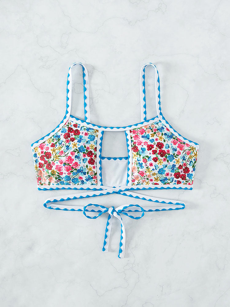 Damen Crop-Top Bikinioberteil mit floralem Design und verspielten Bindebändern EB