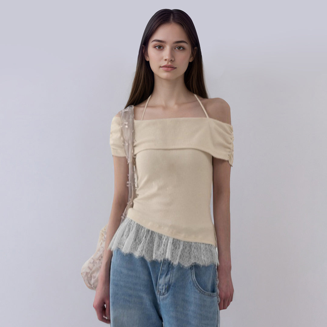 Damen Off-Shoulder Oberteil mit Rüschensaum EB