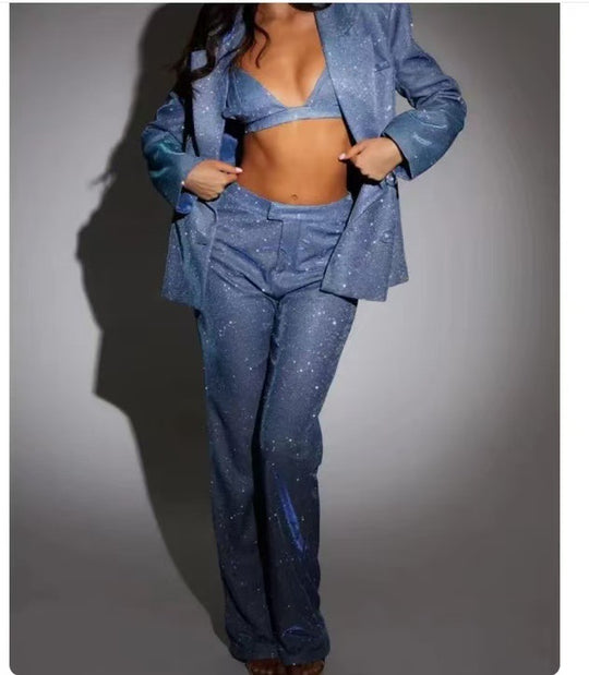 Damen Glitzerndes Anzugset mit Crop-Top und Flared Pants EB