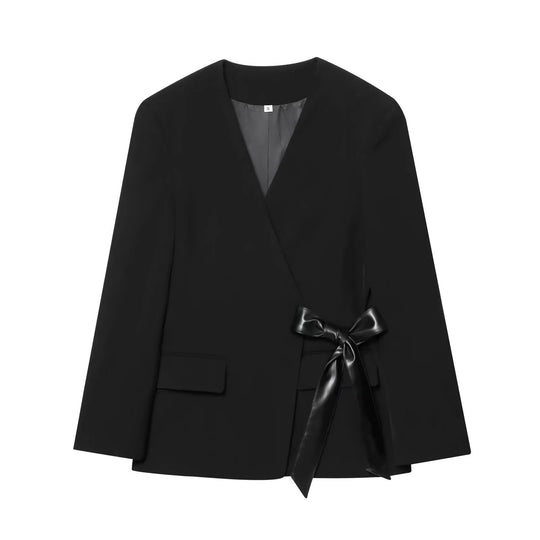 Damen elegante Wickeljacke mit dekorativem Satin-Bindeband EB