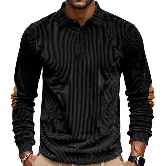 Herren nan schwerer gerippter Baumwoll-Polo-Pullover mit Kentkragen dreifach-Knopfleiste und Wildleder-Ellenbogenpatches EB