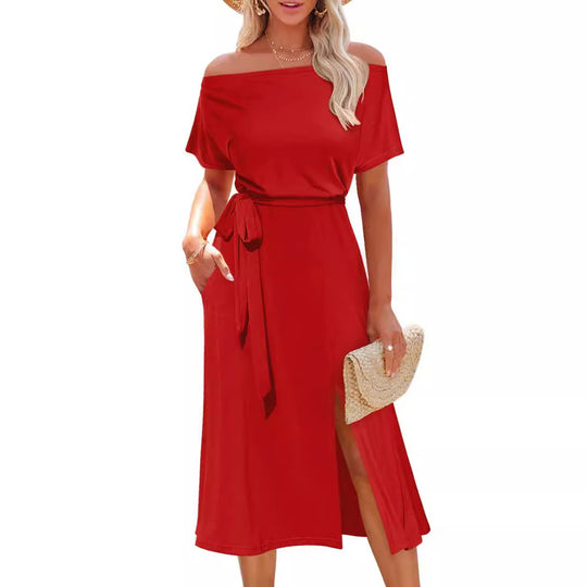 Damen Off-Shoulder Maxikleid mit Taillengürtel und seitlichem Schlitz EB