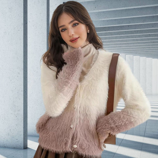 Damen modischer Strickcardigan mit elegantem Kunstfell und Knopfleiste EB