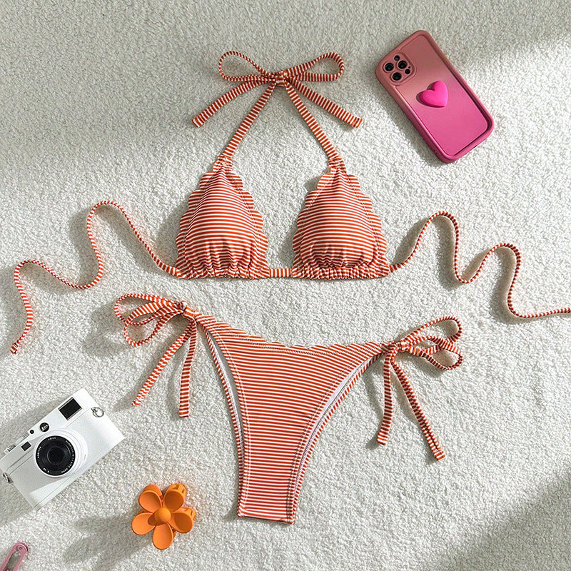 Damen Triangel-Bikini-Set mit verspieltem Rüschendesign und verstellbaren Bindebändern EB