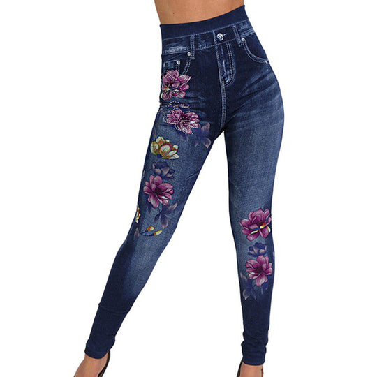 Damen Hochtaillierte Leggings im Jeans-Look mit floralem Motiv EB
