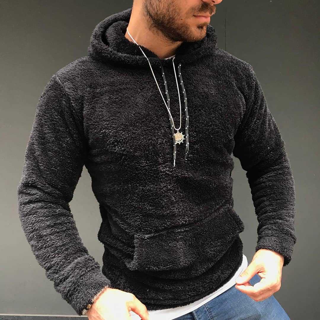 Herren nan Teddy-Plüsch Kapuzenpullover mit schmaler Passform und Kängurutasche EB