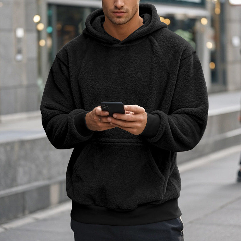 Herren Hoodie aus kuscheligem Teddy-Fleece mit Kängurutasche und breiten Bündchen EB