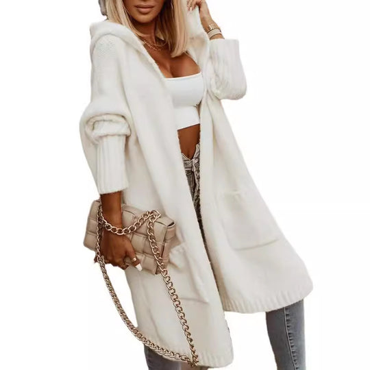 Damen Langarm-Strickmantel mit praktischen Taschen und offener Front EB