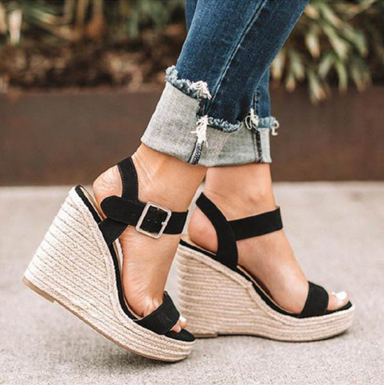 Damen Espadrille-Keilabsatz Sandaletten mit geflochtenem Plateau und verstellbarem Schnallenriemen EB