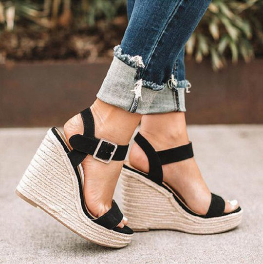 Damen Espadrille-Keilabsatz Sandaletten mit geflochtenem Plateau und verstellbarem Schnallenriemen EB