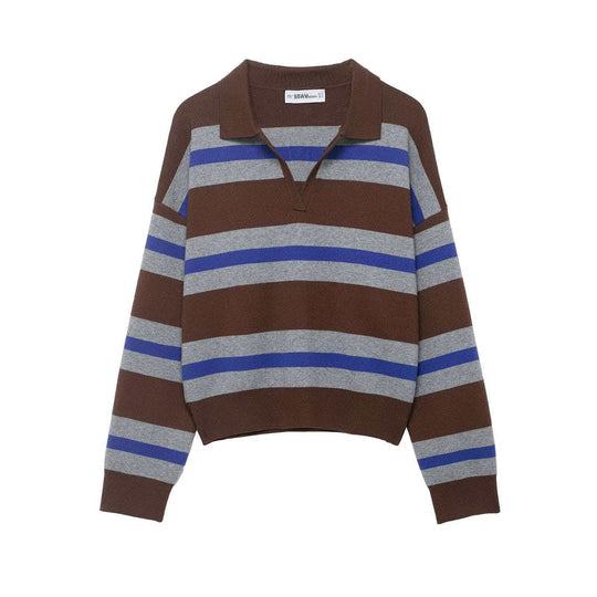 Damen nan gestreifter Rugby-Strickpullover mit Polokragen und weiter Oversize-Passform EB