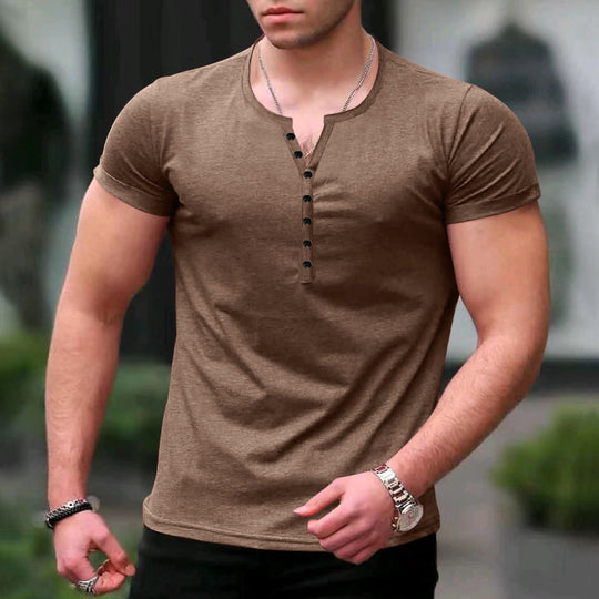 Herren Kurzarm-Henley-T-Shirt mit Knopfleiste und weichem Baumwollmaterial EB